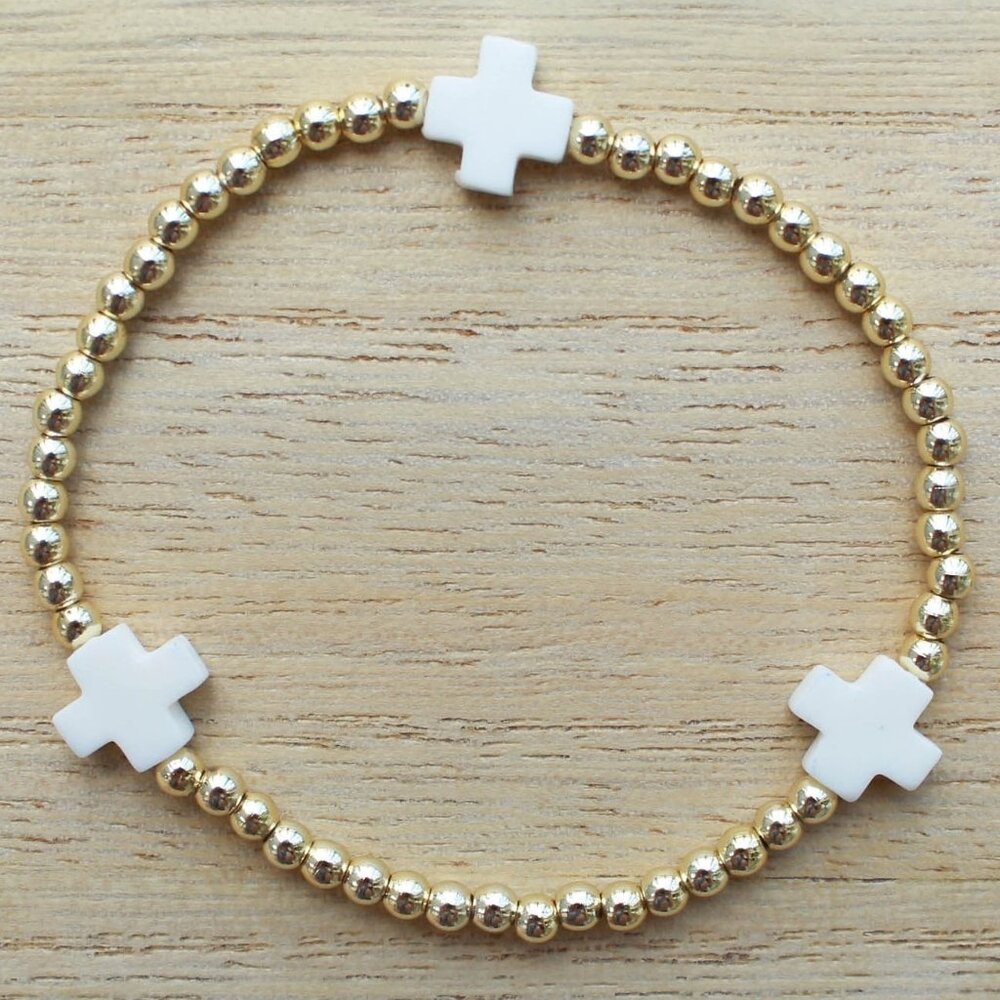 Bead White Cross Bracelet Stretch Sterling silver or gold, Waterproof shower